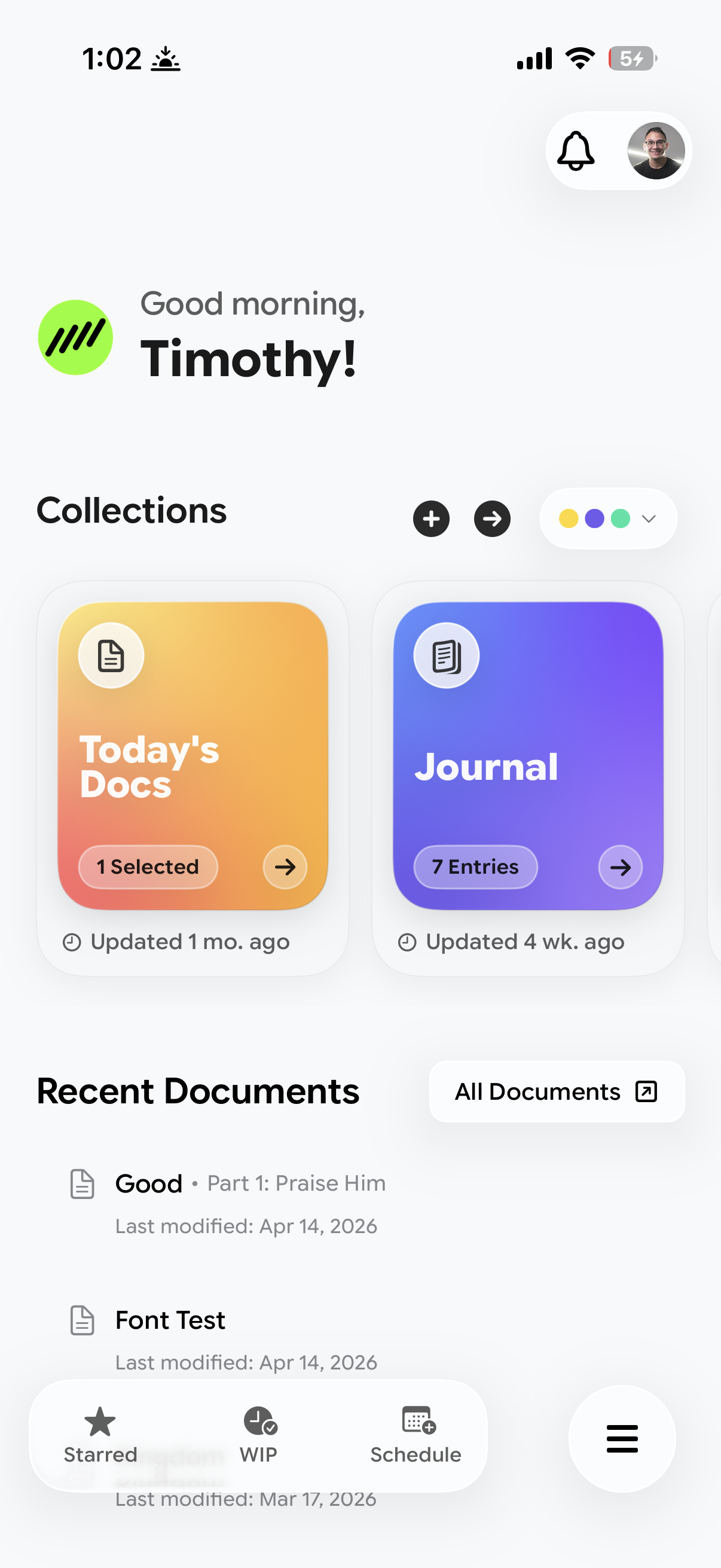 Tallē dashboard on iPhone — Collections, Today's Docs, Journal, and Recent Documents